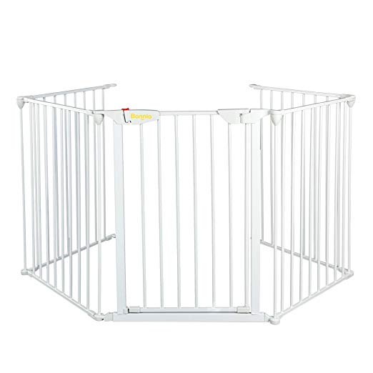 Bonnlo 121-Inch Wide Metal Baby Safety Fence/Play Yard Adjustable Fireplace Hearth BBQ Fire Gate Christmas Tree Gate 5-Panel Playpen for Toddler/Pet/Puppy/Cat/Dog, White