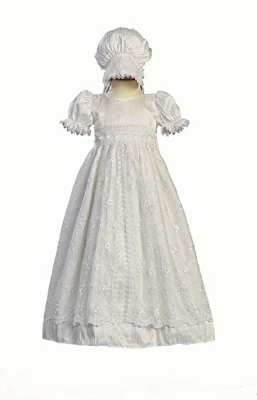 White Silk and Embroidered Tulle Christening Baptism Gown