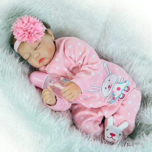 Reborn Baby Silicone Doll Gifts 22 inch Realistic Real Like Sleeping Doll Pink Rabbit Outfit with Lovely Flower Hairband
