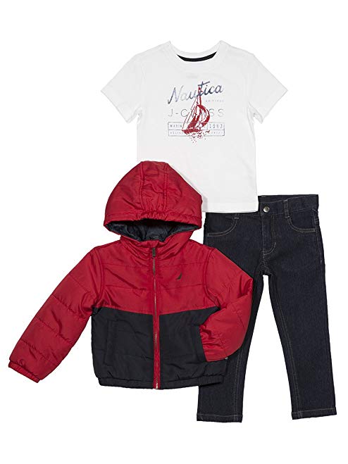 Nautica Baby Boys' Color Block Puffer Jacket, Tee and Denim Pant Set