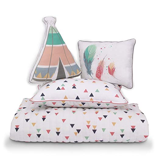 Lincove 4 Piece Toddler Crib Bedding Set - 100% Cotton Toddler Crib Bed Set - Reversible Quilt, Abstract Print Pillowcase, Tepee Shaped Pillow, Feathers-Print Cushion.