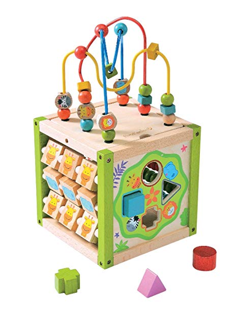 EverEarth My First Activity Cube. Wood Shape Sorter, Bead Maze & Counting Baby Toy