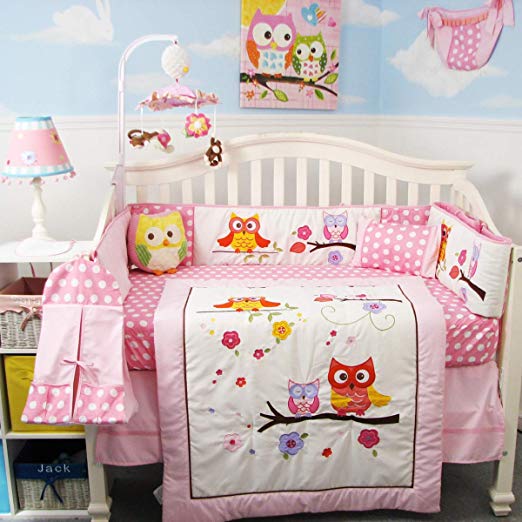SoHo Pink Dancing Owl Baby Crib Nursery Bedding Set with Diaper bag 14 pcs set