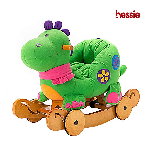 Hessie Modern Plush Rocking Horse with Soft Cute Stuffed Animal, Indoor Ride On Toys Rockers with Wheels for Toddlers Kids Little Boys & Girls (6-36 Months) - Padded Green Dinosaur with Sound Paper