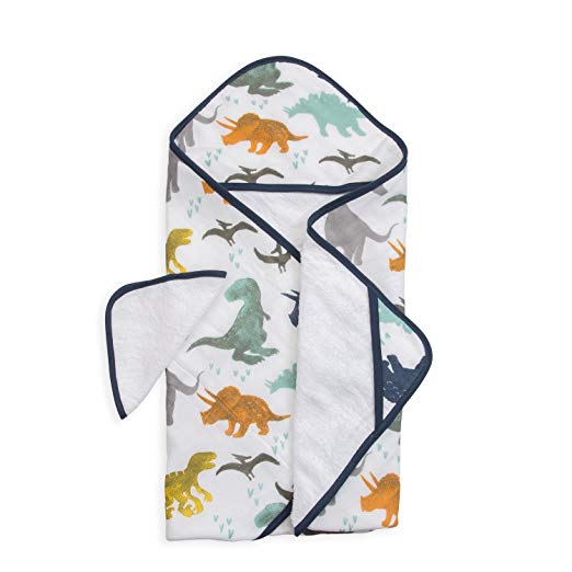 Little Unicorn Cotton Hooded Towel & Wash Cloth Set - Dino Friends, Blue, Green, Navy