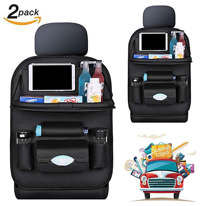 Car Backseat Organizer with Dining Table and Tablet Holder, PU Leather Automobile Seat Organizer with Foldable Table Tray, Tissue Box and Water Bottle Holder - Perfect Storage Bag for Kids (2 PACK)