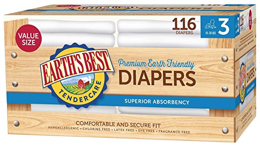 Earth's Best TenderCare Chlorine-Free Disposable Baby Diapers, Size 3 (16-28 lbs.), 116 Count (Value Size)