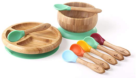 Rainbow Gift Set Green - Baby Shower, Baby Registry, Home Set & more. Baby Girl, Baby Boy, Unisex. Baby Bowl Set + Baby Plate Set + Assorted Baby Spoons Set. FDA Approved BPA Free