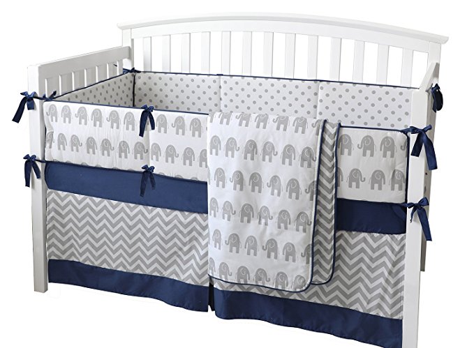 7 Pieces Set Elephant Crib Bedding Baby Bedding Set Sweet Navy Grey Chevron Baby Nursery Crib Bumper
