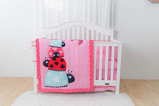 Linens and More Modern Luxury Quality 4-Piece Ladybug Design Baby Girl Crib Bedding Set