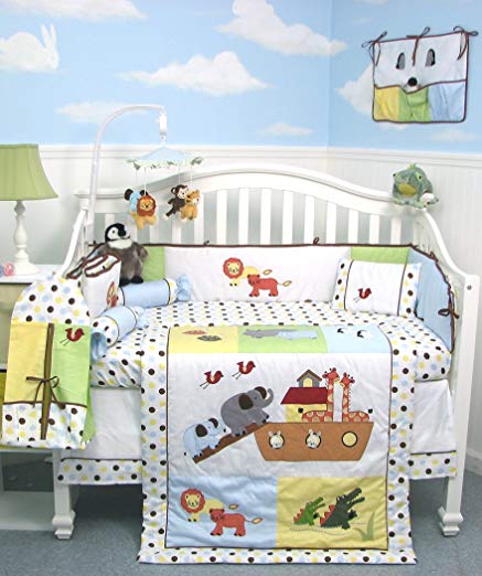 SoHo Noah Ark Baby Crib Nursery Bedding 13 pcs included Diaper Bag with Changing Pad & Bottle Case