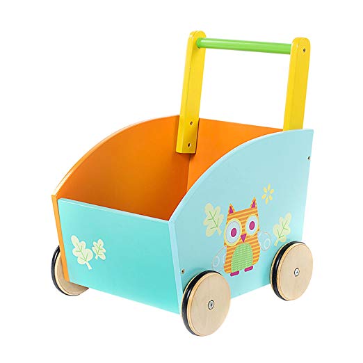 labebe Baby Walker with Wheel, Orange Owl Printed Wooden Push Toy, 2-in-1 Wooden Activity Walker for Baby 1-3 Years, Walker Infant/Activity Walker/Baby Wagon/Learn Walker/Push Cart Toy/Wood Walker