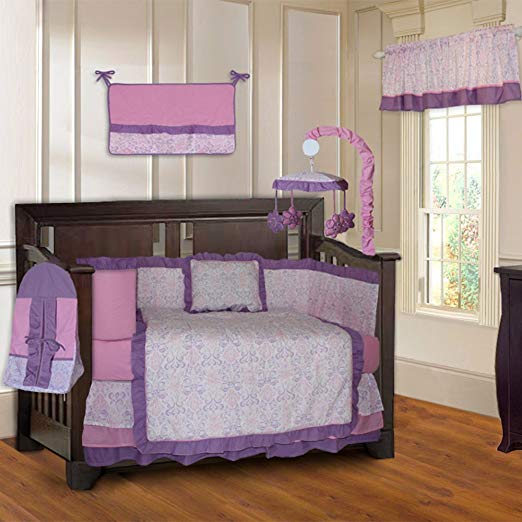 BabyFad Damask Girls Pink and Purple 10 Piece Baby Crib Bedding Set