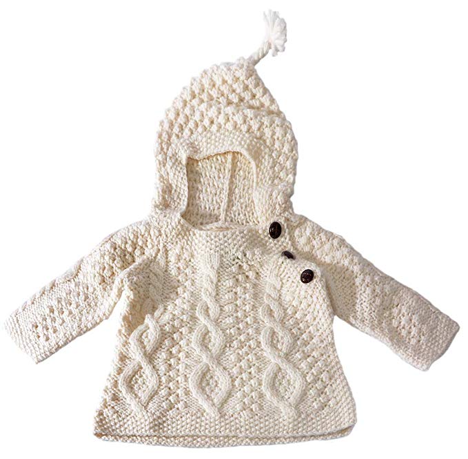 Carraig Donn Irish Merino Wool Baby Hooded Sweater with Side Fastening Buttons