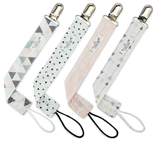 Pacifier Clip for Girls by Matimati Baby - 4 Pack - Modern Designs - Great Pacifier /Teething Ring Holder (Blush Arrow Set)