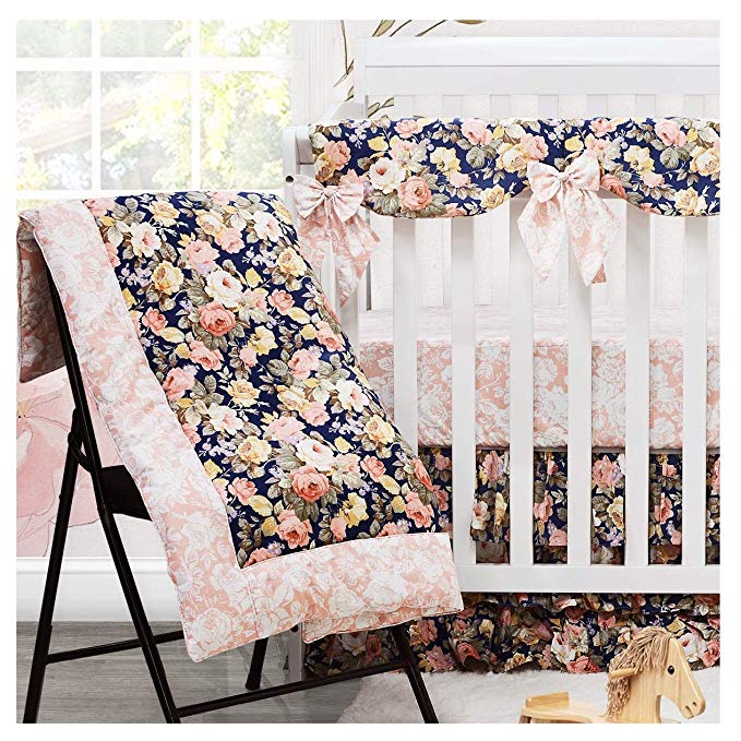 Brandream Baby Bedding Crib Sets Girl - 4 Pieces 100% Cotton Soft Crib/Nursery Bedding Set - Baby Comforter & 2 Fitted Crib Sheet & Triple Ruffle Crib Skirt,Navy and Pink, Rose Floral Printed