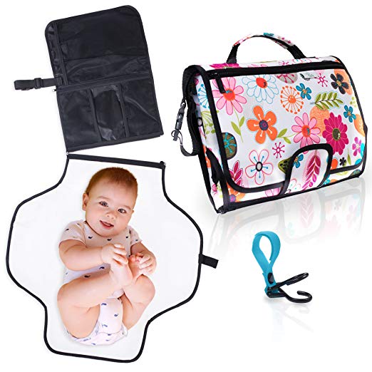 Travel Changing Pad for Baby. Easily Change Diapers on the Go! Portable Changing Station, Clutch Bag w/Waterproof Mat & Pockets for Accessories (diapers, wipes, cream). Bonus Stroller Hook. (Floral)
