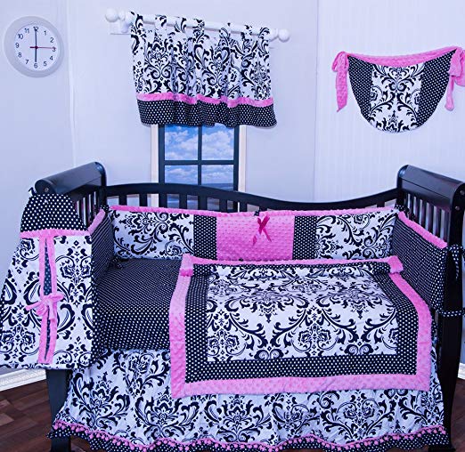 Beautifull 12 Pcs Crib Bedding Nursery set Pink Black Damask bumper included soft and cute