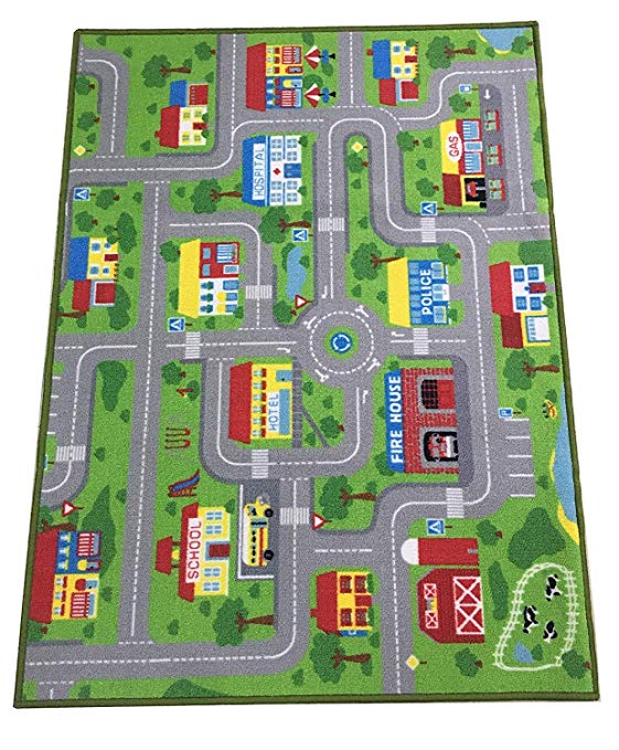 City Street Map Kids' Rug with Roads Kids Rug Play mat with School Hospital Station Bank Hotel Book Store Government Workshop Farm for Boy Girl Nursery Bedroom Playroom Classrooms (51
