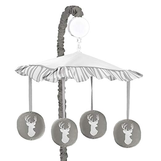 Sweet Jojo Designs Grey and White Deer Musical Baby Crib Mobile for Woodsy Collection by