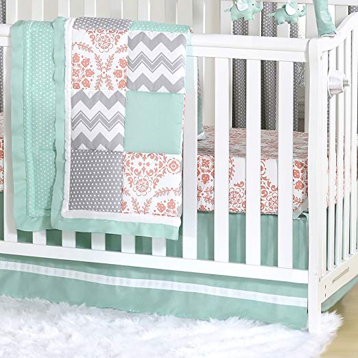 Mint, Coral and Grey Patchwork 3 Piece Baby Crib Bedding Set by The Peanut Shell