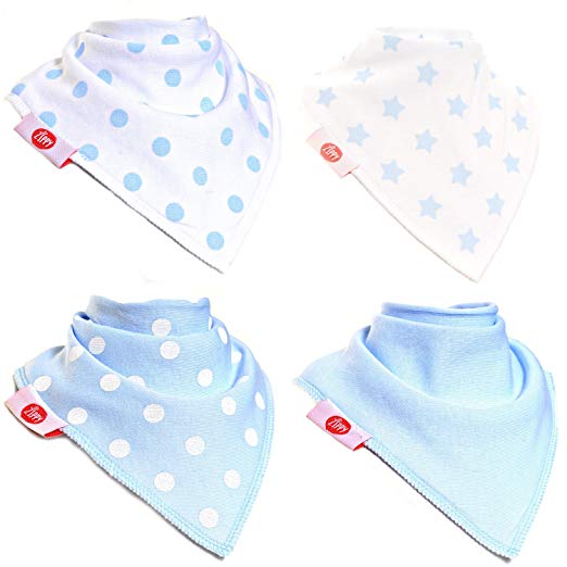 Zippy Fun Baby and Toddler Bandana Bib - Absorbent 100% Cotton Front Drool Bibs with Adjustable Snaps (4 Pack Gift Set) Boys Blue and White