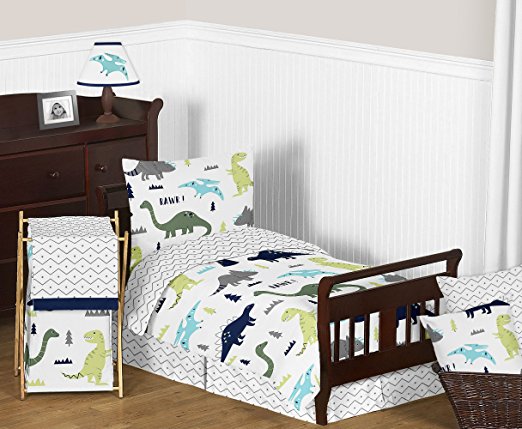 Sweet Jojo Designs 5-Piece Navy Blue and Green Modern Dinosaur Boys or Girls Toddler Bedding Comforter Sheet Set