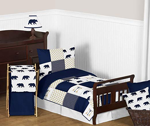 Sweet Jojo Designs 5-Piece Navy Blue, Gold, and White Big Bear Boy Toddler Kid Childrens Bedding Set s Comforter, Sham and Sheets