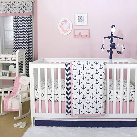 Anchor Nautical 4 Piece Baby Crib Bedding Set in Pink / Navy by The Peanut Shell