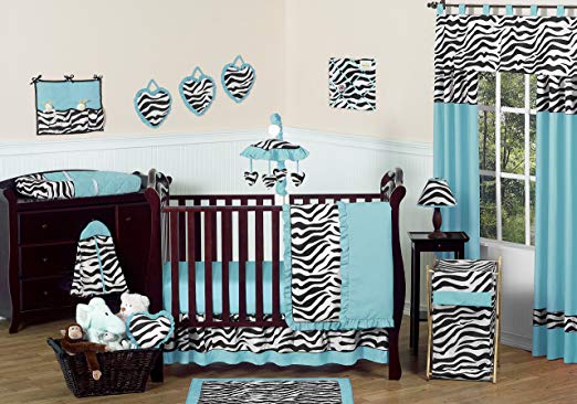 Turquoise Blue and Funky Zebra Animal Print Baby Girl Bedding 11pc Crib Set without bumper