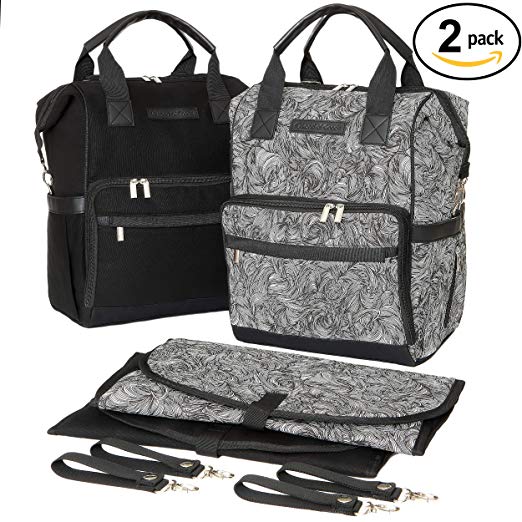 Baby Diaper Bag Backpacks - Matching Set with 15 Compartments Each, Stroller Straps and Waterproof Changing Mats for Mom and Dad-Pack of 2 | Great for Newborn Registry “Onyx & Swirls” by Land of Goods