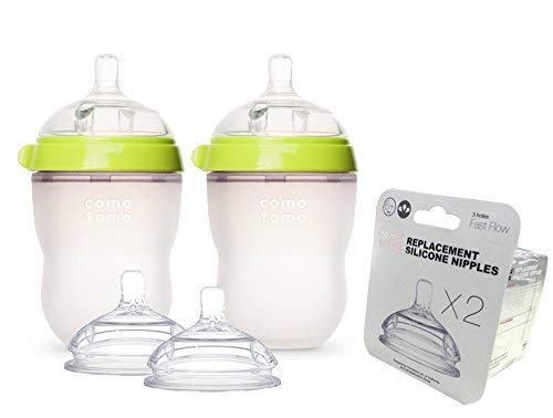 Comotomo Natural Feel Baby Bottle SET, Double Pack Green, 250ml (8 oz) PLUS Extra Nipples Packs - Fast Flow & Variable Flow