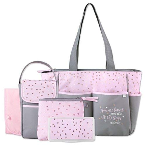 Personalized 5 in 1 Diaper Bag Set Premium Diaper Bag | Baby Tote Bags -Free Monogram/Name Embroidered | Ideal for Gift | Baby Bag | Mommy Bag (Pink Stars)