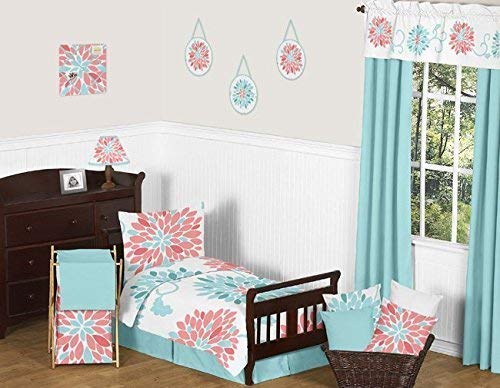 Sweet Jojo Designs 5-Piece Turquoise and Coral Emma Girls Modern Toddler Bedding Floral Comforter Sheet Set
