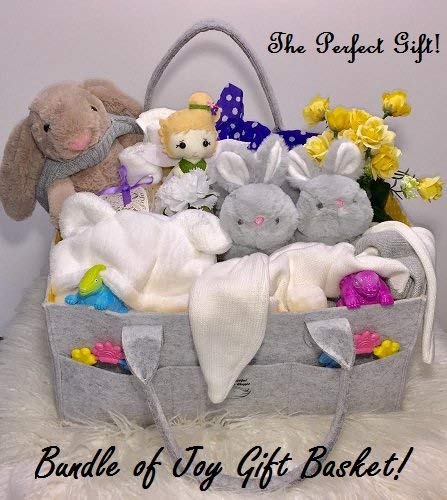 MOM Will SAY,Wow! Bundle of Joy Baby Gift Basket/Large Bag, Soft Washcloths, Bunny Plush Toy, Bunny Slippers, Keepsake Bunny Blanket, Bunny Hat, Handmade Tooth Fairy kit, and More!