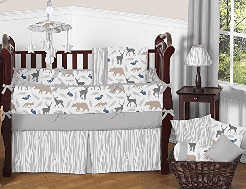 Sweet Jojo Designs 9-Piece Blue Grey and White Woodland Animal Safari Baby Boys Bear Deer Fox Crib Bedding Set