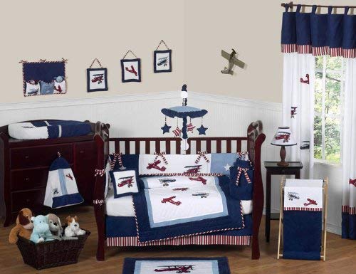 Sweet Jojo Designs 9-Piece Red, White and Blue Vintage Aviator Airplane Plane Baby Boy Bedding Crib Set