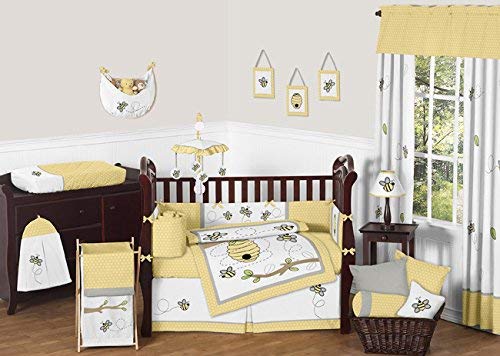 Sweet Jojo Designs 9-Piece Honey Bumble Bee Hive Yellow, Gray and White Unisex Baby Girl or Boy Crib Bedding Set