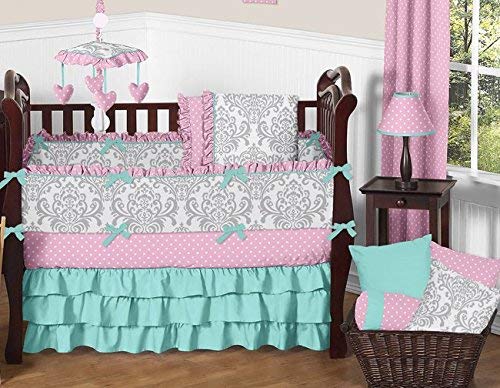 Sweet Jojo Designs 9-Piece Boutique Skylar Turquoise Blue Pink Polka Dot and Gray Damask Girls Baby Bedding Crib Set