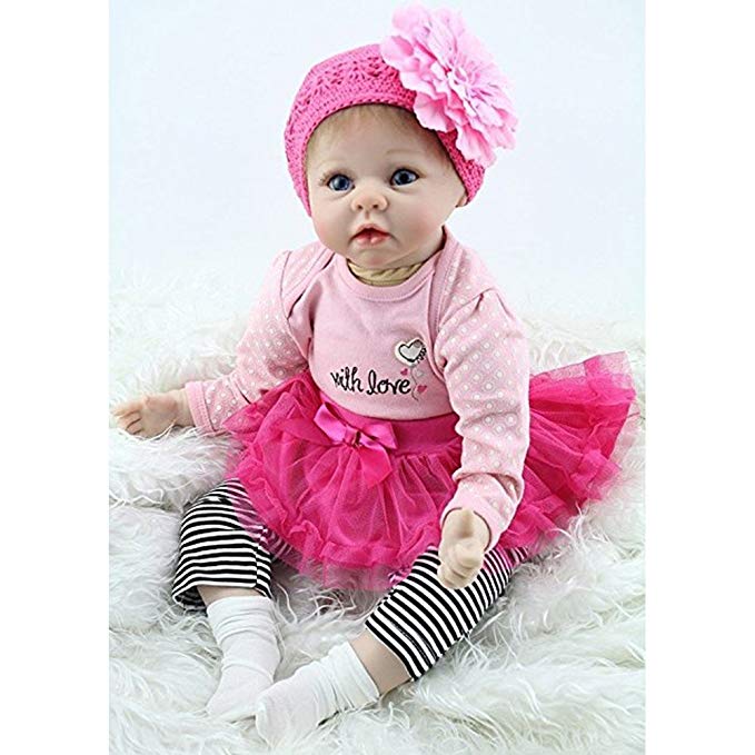 Yesteria 22 Inches Silicone Reborn Baby Dolls Girl Look Real Rose Red Tutu Skirt with Striped Pants