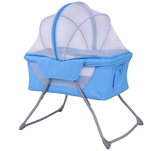 Costzon Baby Bassinet, Lightweight Foldable Rocking Bed with Mosquito Net & Carrying Bag (Blue)