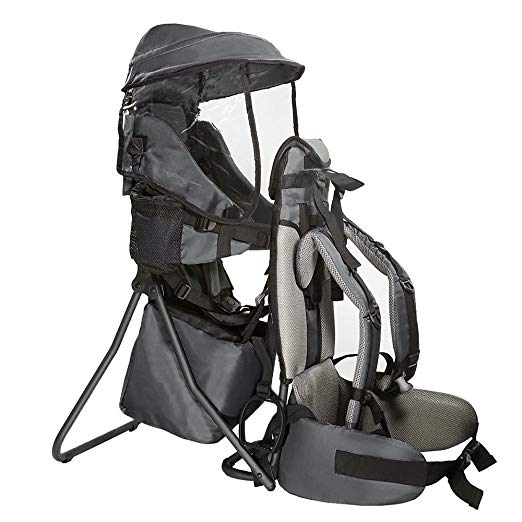 Clevr Cross Country Baby Backpack Carrier with Stand and Sun Visor Shade Child Kid Toddler, Grey, Upgraded Foot Straps | Lightweight - 5lbs