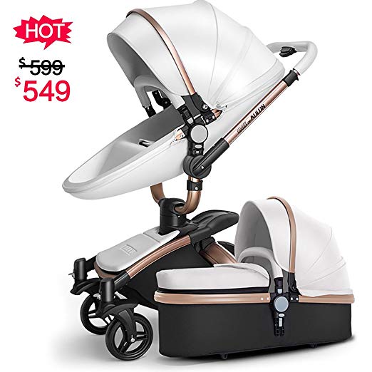 SpringBuds Infant Newborn Pram Baby Stroller Shock-Resistant Luxury Baby Bassinet Toddler Seat Combo-White