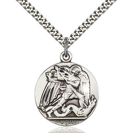 Sterling Silver St. Michael the Archangel Pendant 1 x 7/8 inches with Heavy Curb Chain