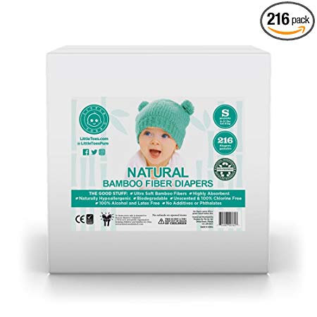 Little Toes Disposable Biodegradable Bamboo Diapers Monthly Value Pack (Small, 216 Count) | Super Absorbent Natural Diapers for Babies 8-17 lbs. | Hypoallergenic, Eco-Friendly, Soft & No Leaks (New)