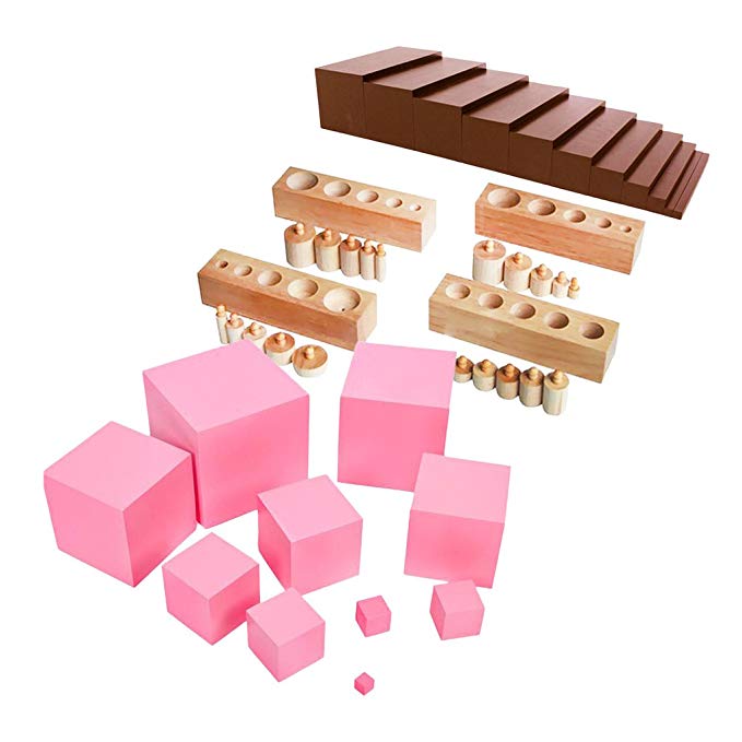 MonkeyJack Montessori Sensorial Family Set Brown Stair+Pink Tower+Cylinder Blocks Toy Gift for Kids
