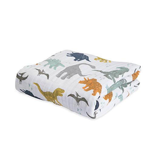 Little Unicorn Cotton Muslin Blanket Quilt- Dino Friends, Blue, Green, Navy