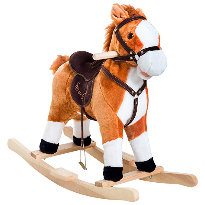 Qaba Kids Plush Toy Rocking Horse Ride on with Realistic Sounds Moving Mouth & Tail - Brown