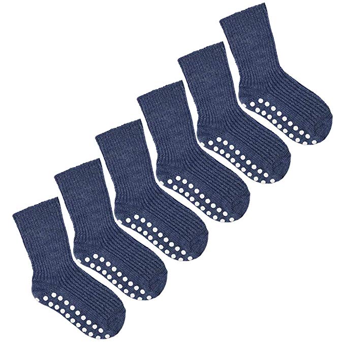 Kids Socks with Grips: 3-pack Pure Organic Virgin Wool Socks for Girls and Boys, Size 1 – 8 Years