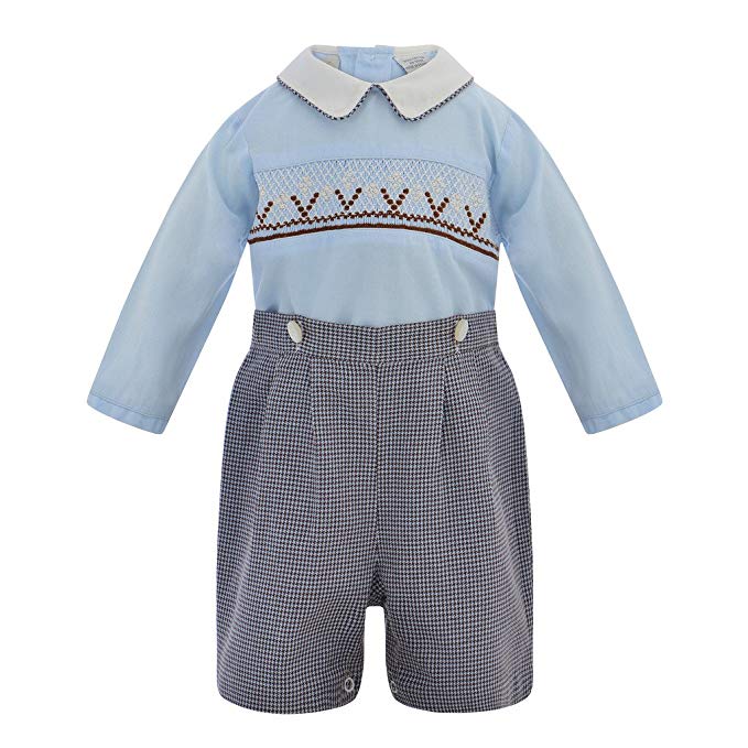 Carriage Boutique Baby Boy 2pc Long Sleeve Bobbie Suit - Pastel Blue Houndstooth
